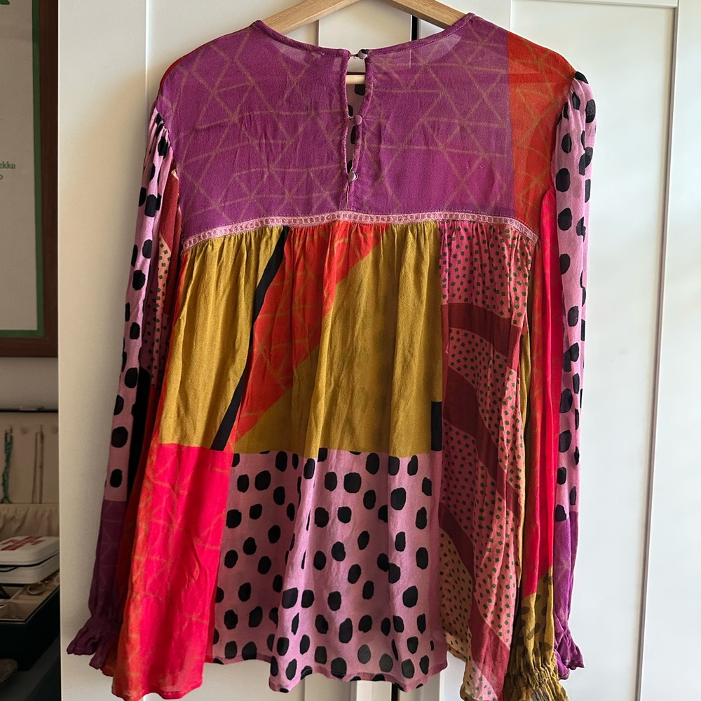Anthropologie Pink Multi-Color Patchwork Polka Dot Blouse - Picture 4 of 7